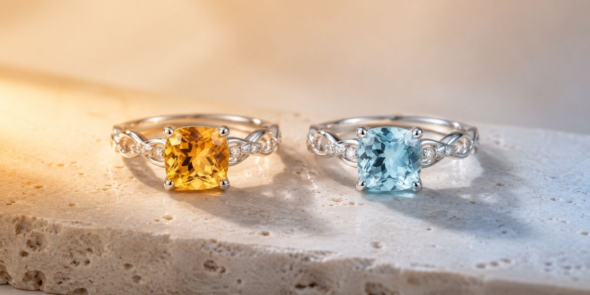 JPG (2:1)Citrine ring and blue topaz ring in sterling silver, the two Sagittarius birthstones side by side