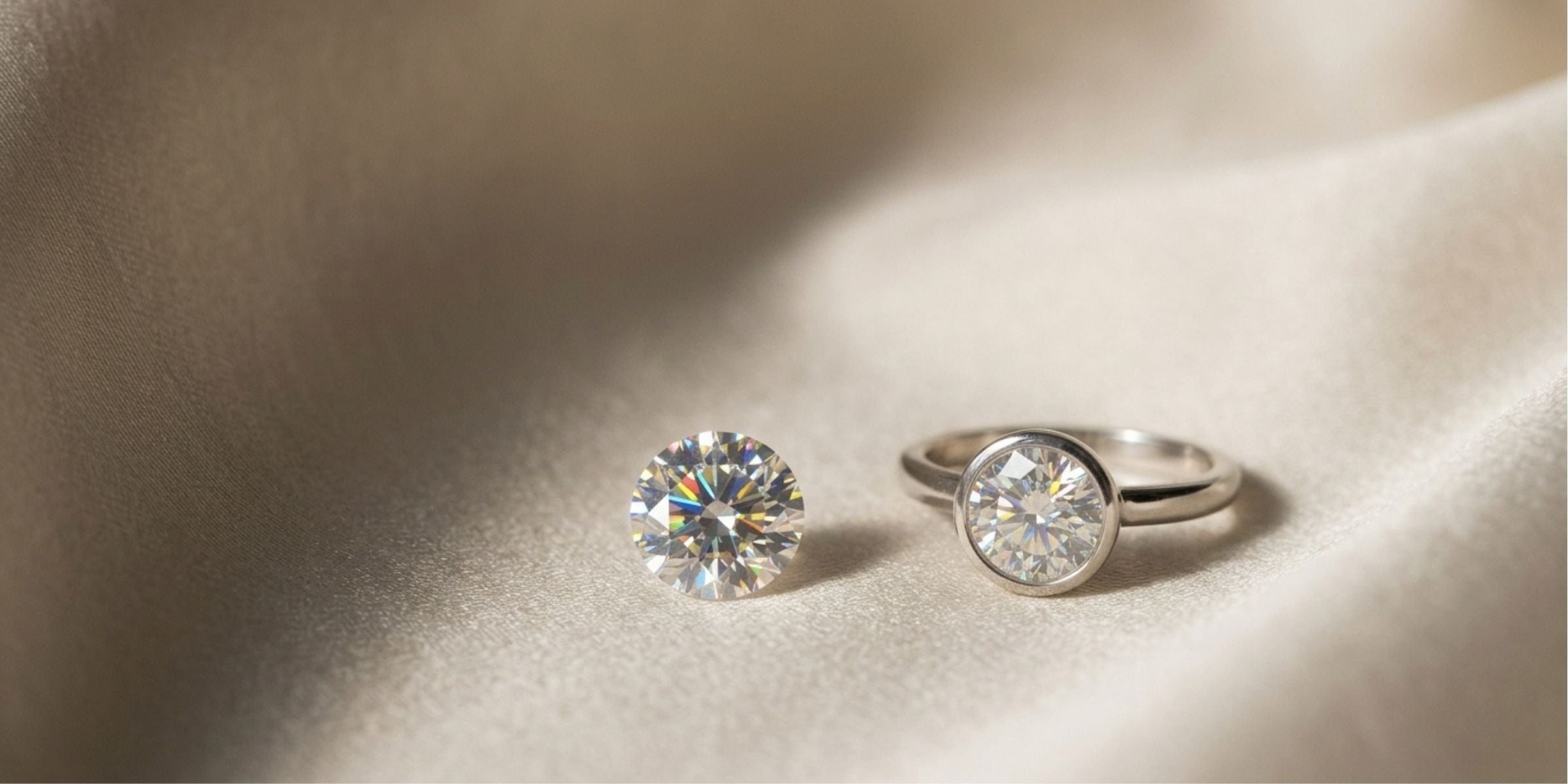 Loose round moissanite with rainbow fire beside a sterling silver solitaire ring
