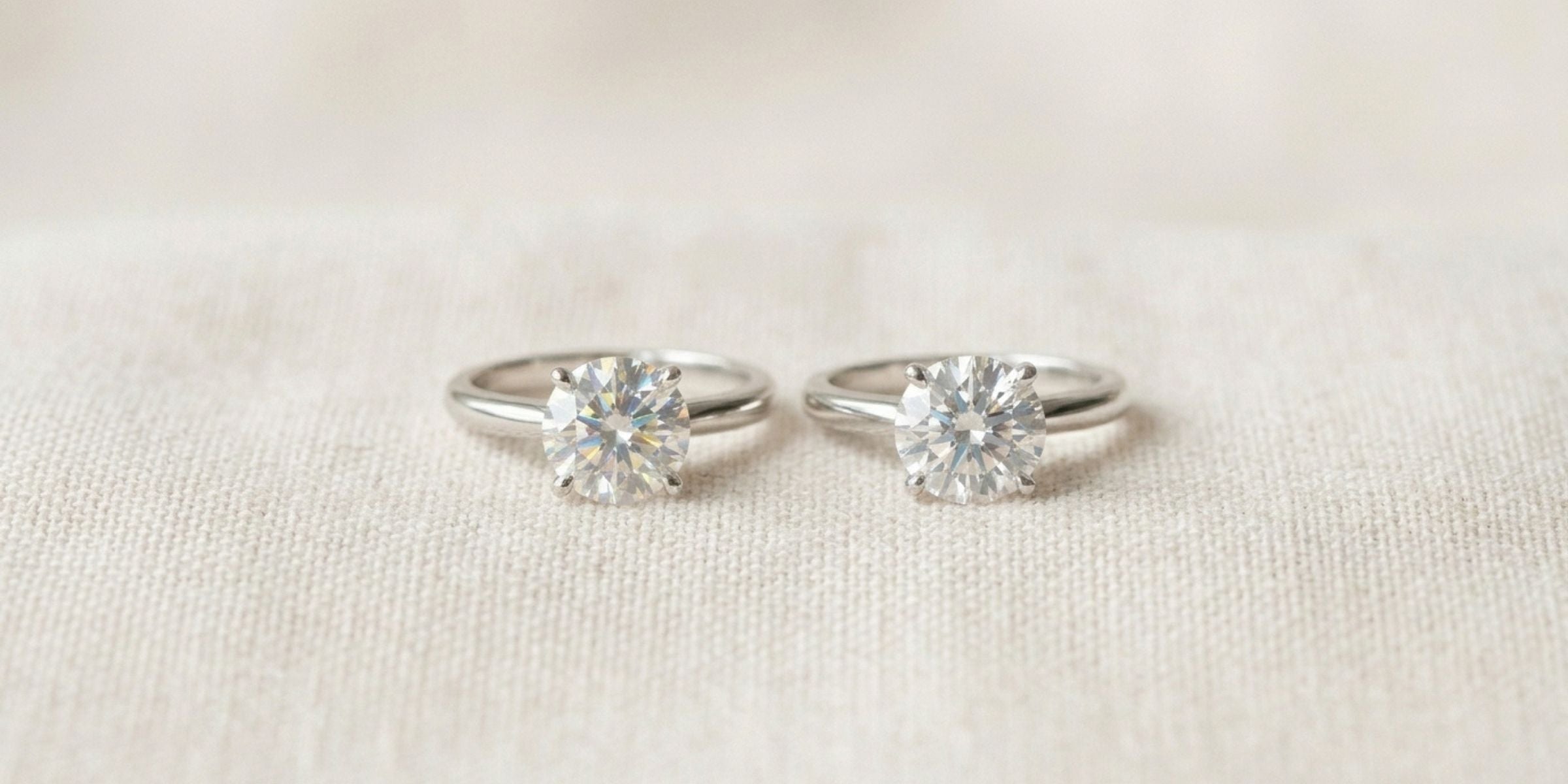 Two sterling silver solitaire rings with colourless stones compared on neutral surface