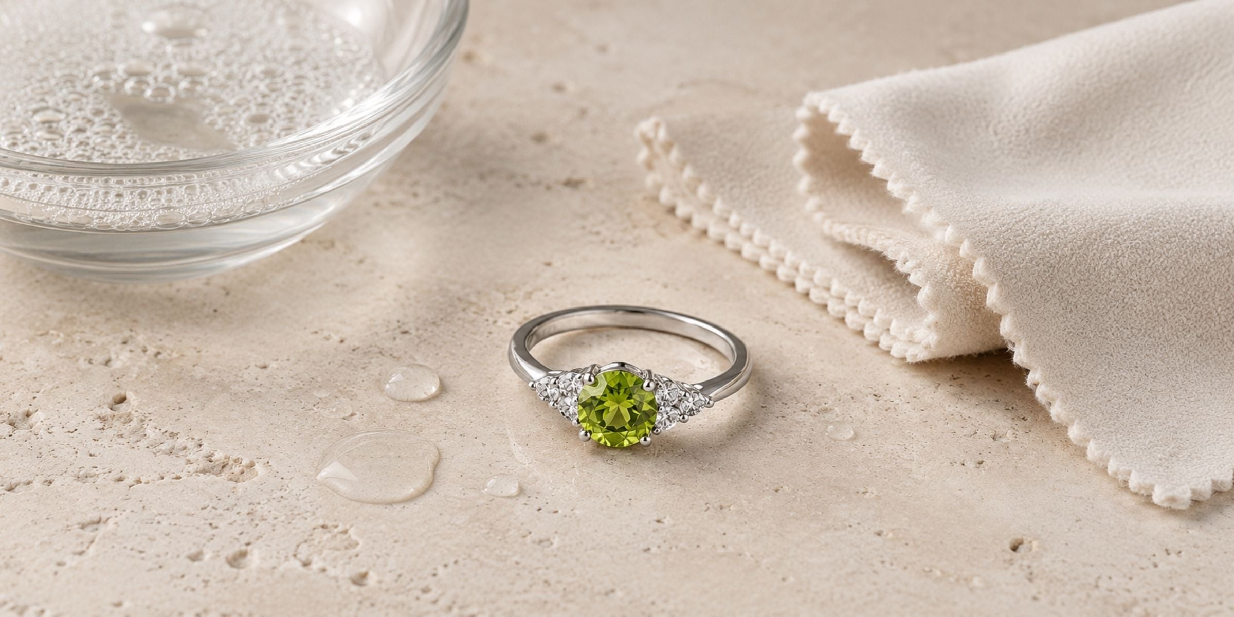 peridot jewellery sitting next to cleaning cloth
