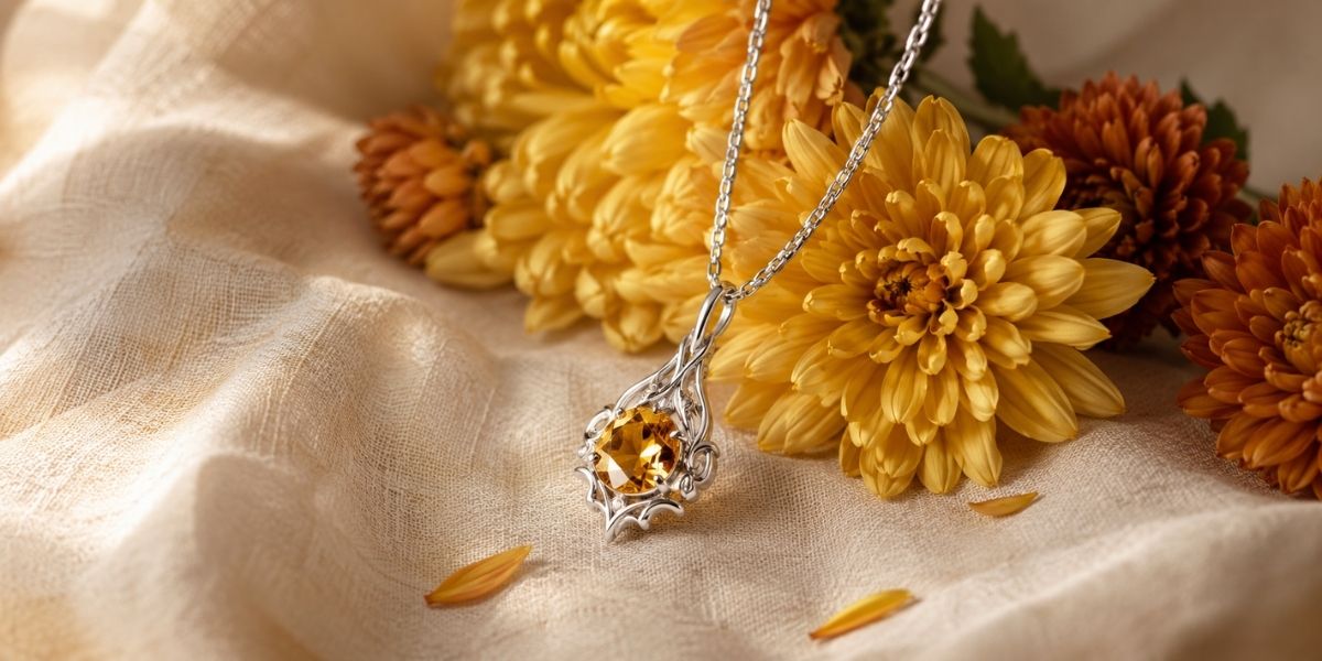 Sterling silver citrine pendant beside golden chrysanthemum flowers, November's birthstone and birth flower