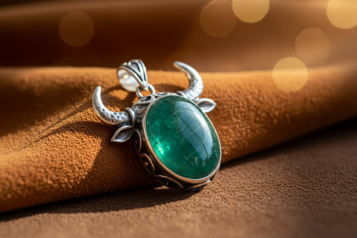 Sterling silver emerald-style pendant on earthy suede in grounded light, linking emerald to the Taurus zodiac sign.