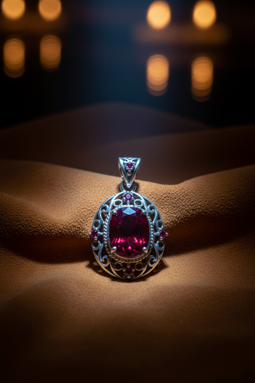 Sterling silver ruby pendant glowing in soft moonlit-to-warm light, linking ruby jewellery to the Cancer zodiac sign.
