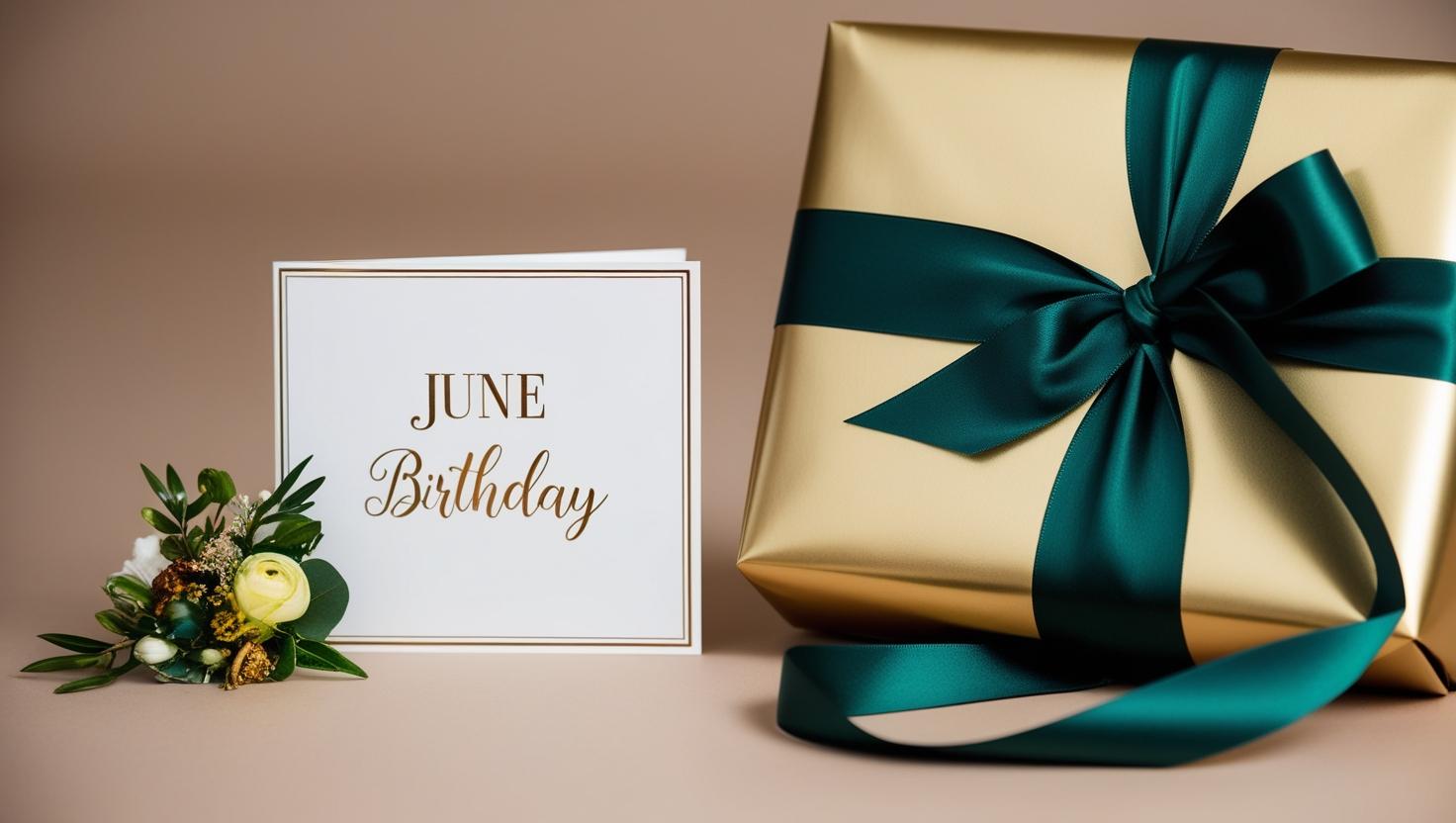 card saying june birthday and a wrapped gift box next to it