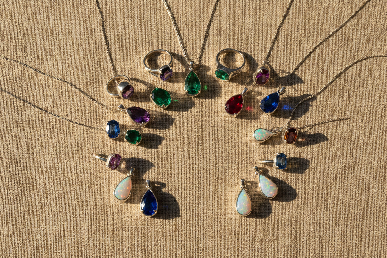 Curated arrangement of sterling silver gemstone rings, earrings and pendants on warm linen, showcasing the Irosk jewellery collection.