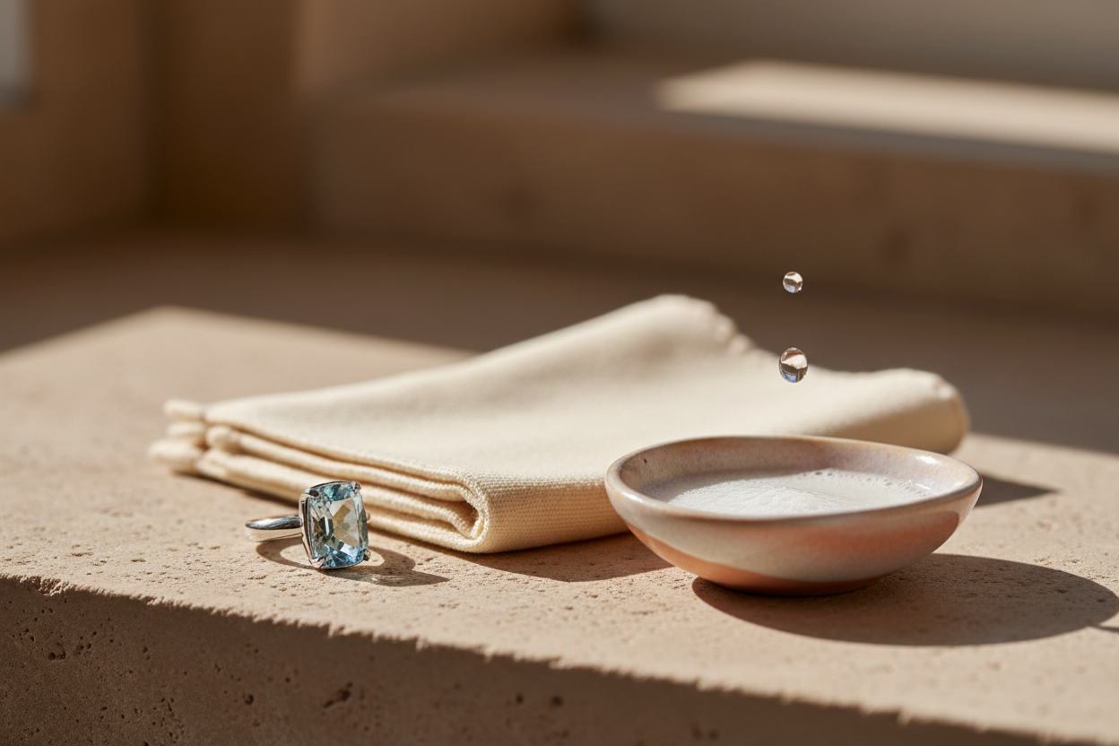 Sterling silver aquamarine ring beside a soft cloth and dish of soapy water, demonstrating how to care for aquamarine jewellery.