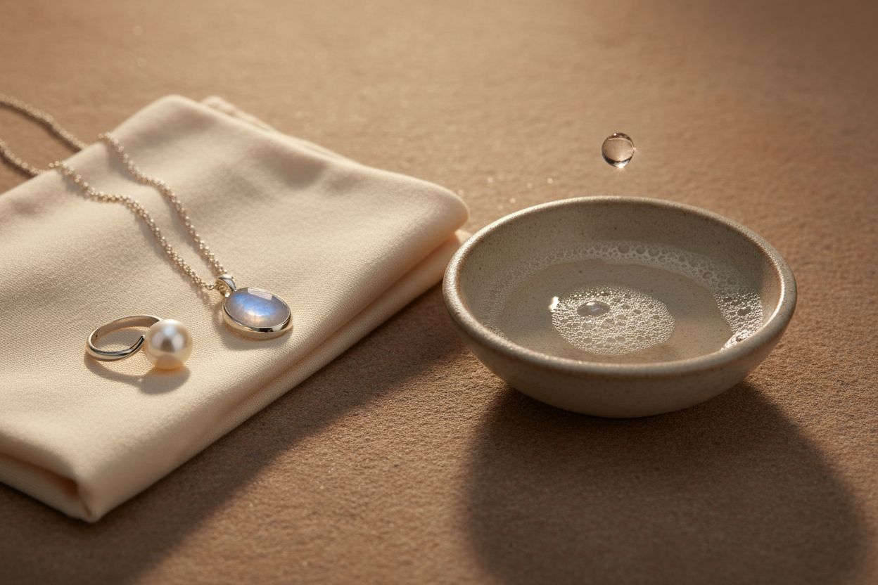 Sterling silver pearl and moonstone jewellery beside a soft cloth and dish of soapy water, showing how to care for June birthstone pieces.