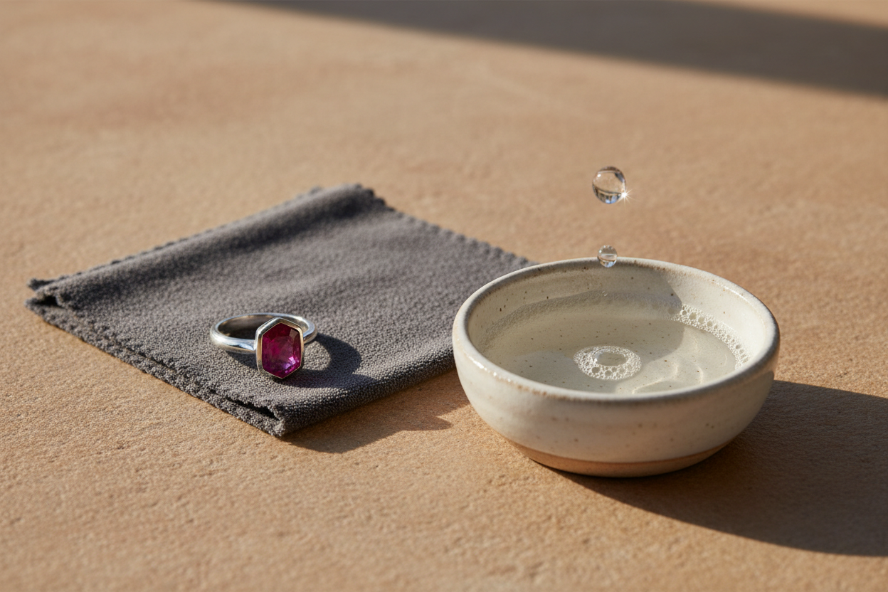 Sterling silver ruby ring beside a soft cloth and dish of soapy water, demonstrating how to care for ruby jewellery.