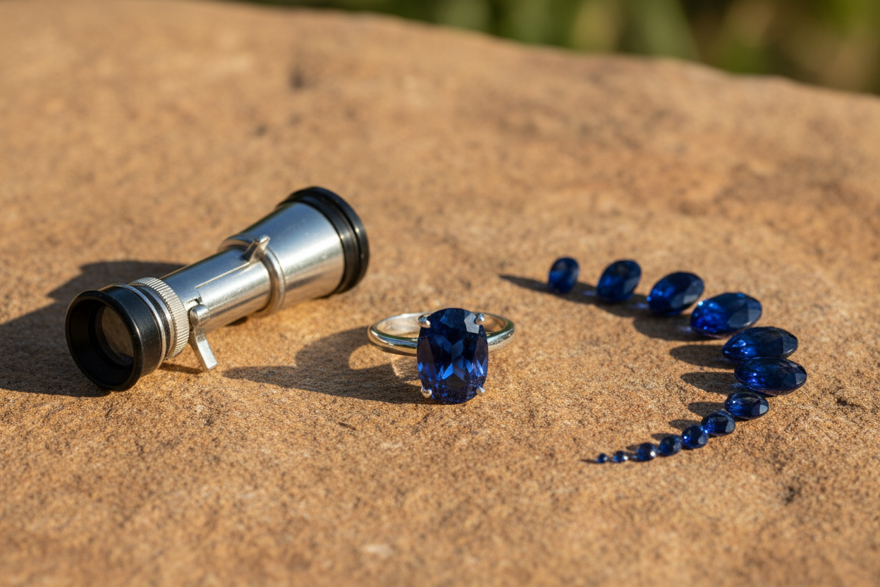 Sterling silver sapphire ring beside a loupe and graded loose blue sapphires on a warm surface, illustrating how much sapphires are worth.