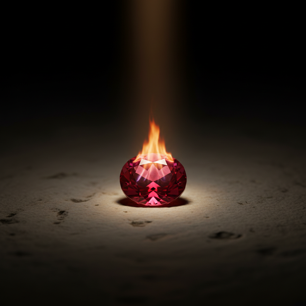 Single deep red ruby lit with fiery crimson glow on a warm surface, evoking the meaning of the July birthstone.
