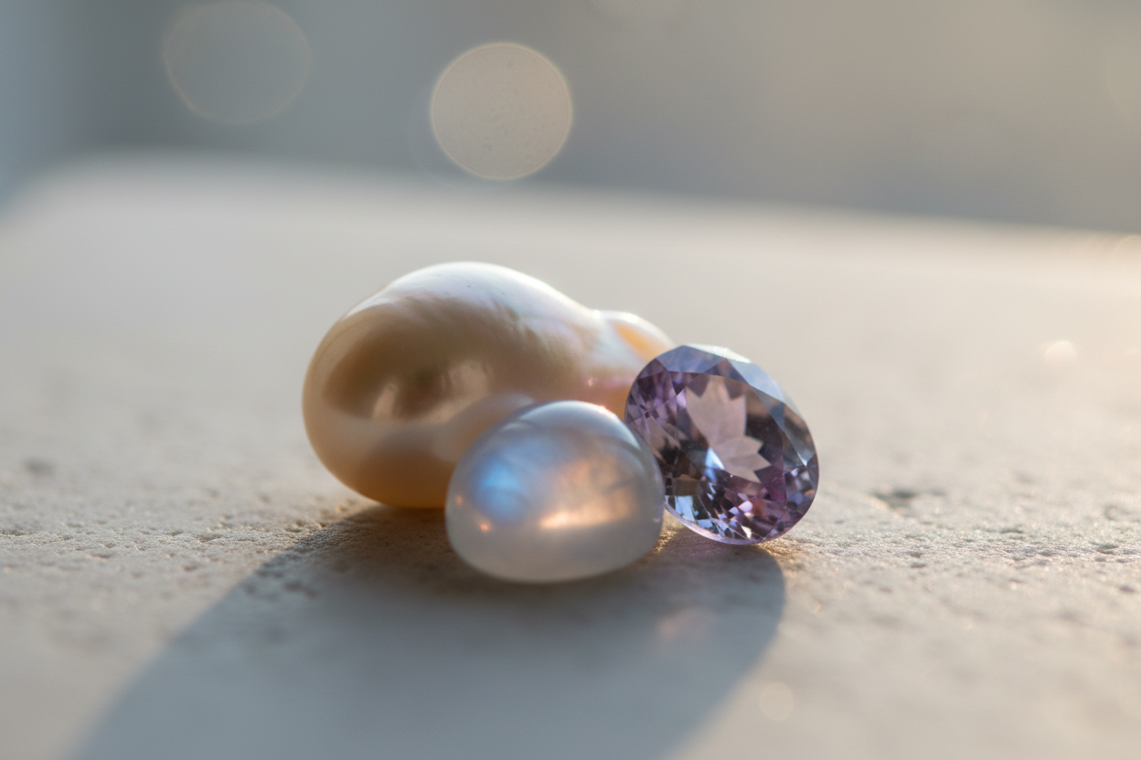 Soft-focus cluster of pearl, moonstone and alexandrite in luminous light, illustrating the meaning and symbolism of June birthstones.