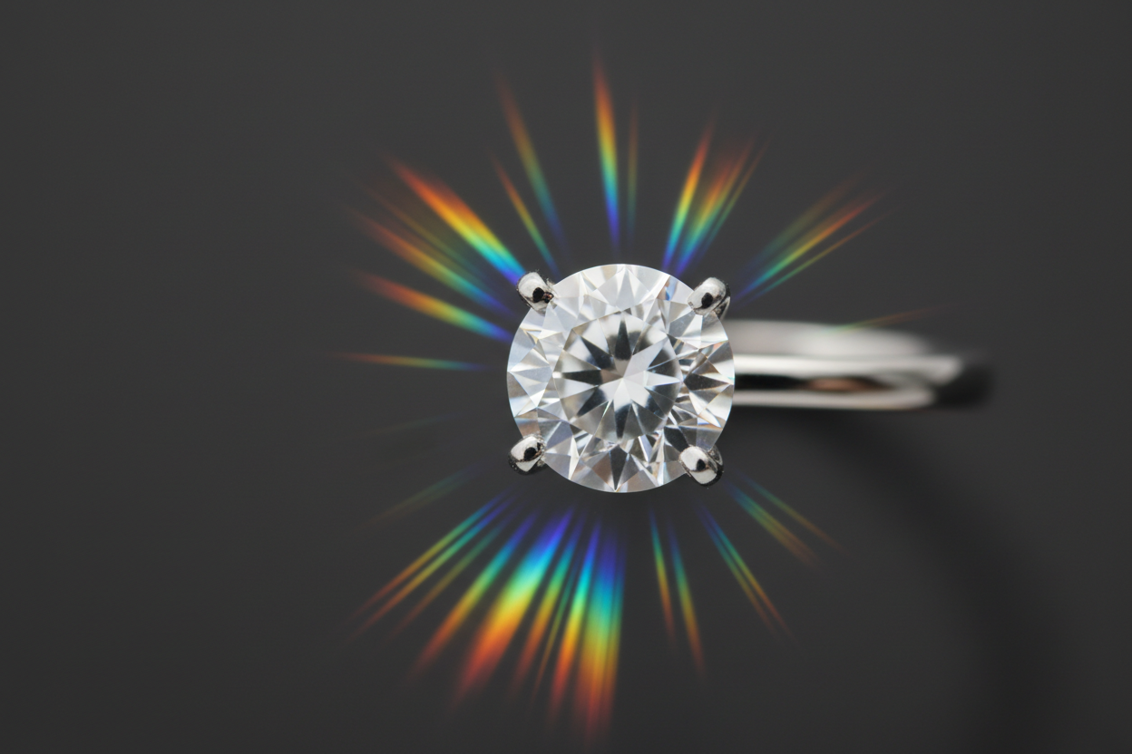 Macro close-up of a moissanite splitting light into rainbow fire
