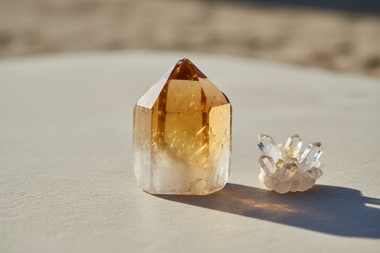 Rough golden citrine crystal beside clear quartz on a warm surface, illustrating how citrine forms from quartz.