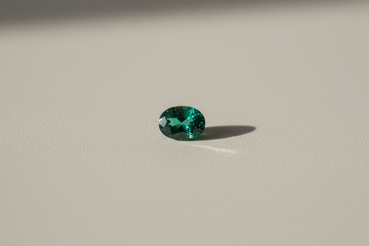 Single rich green emerald-toned stone glowing on a warm surface, introducing emerald as the May birthstone.
