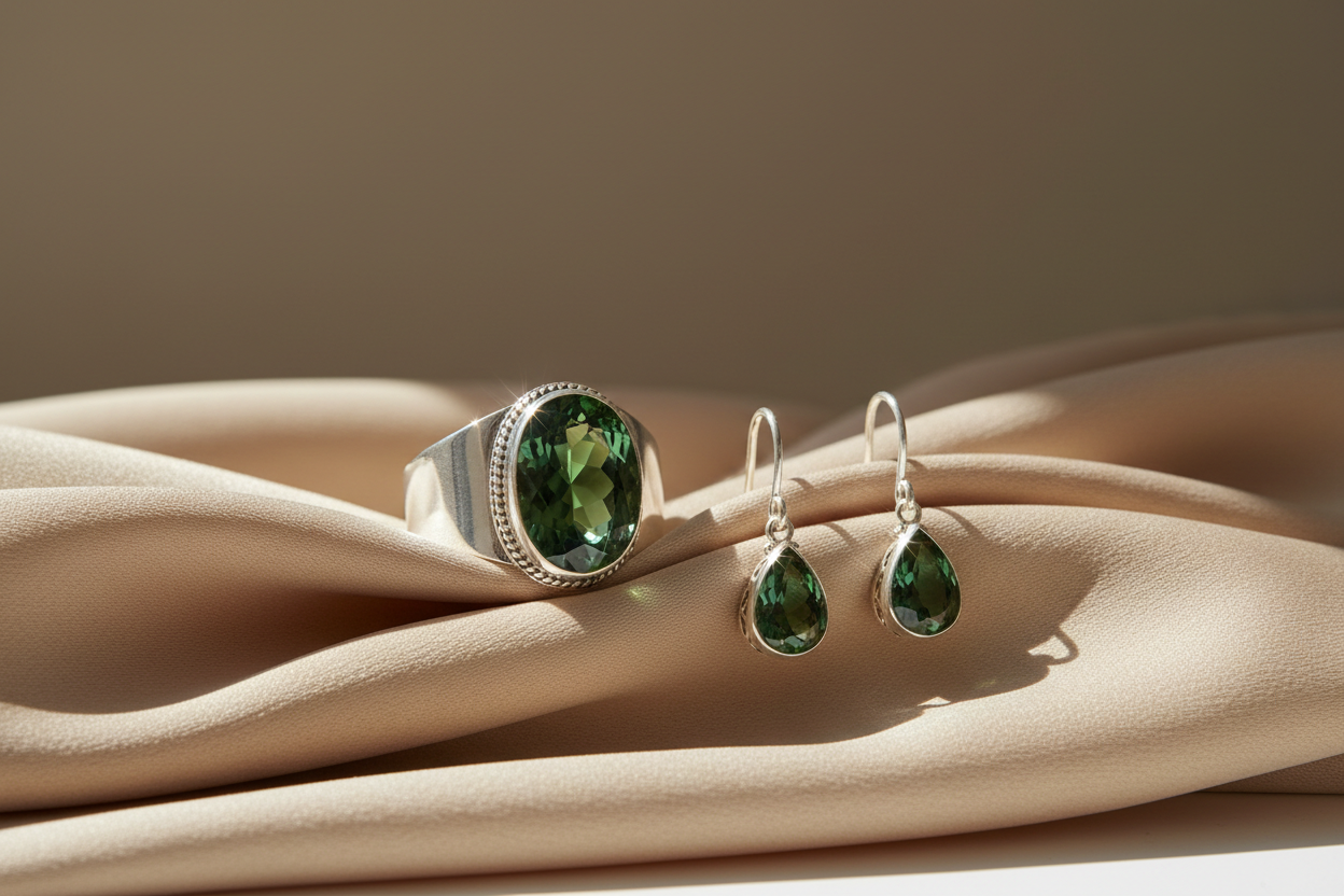 Sterling silver emerald-style ring and earrings on draped fabric, showing May emerald jewellery trends blending culture and style.
