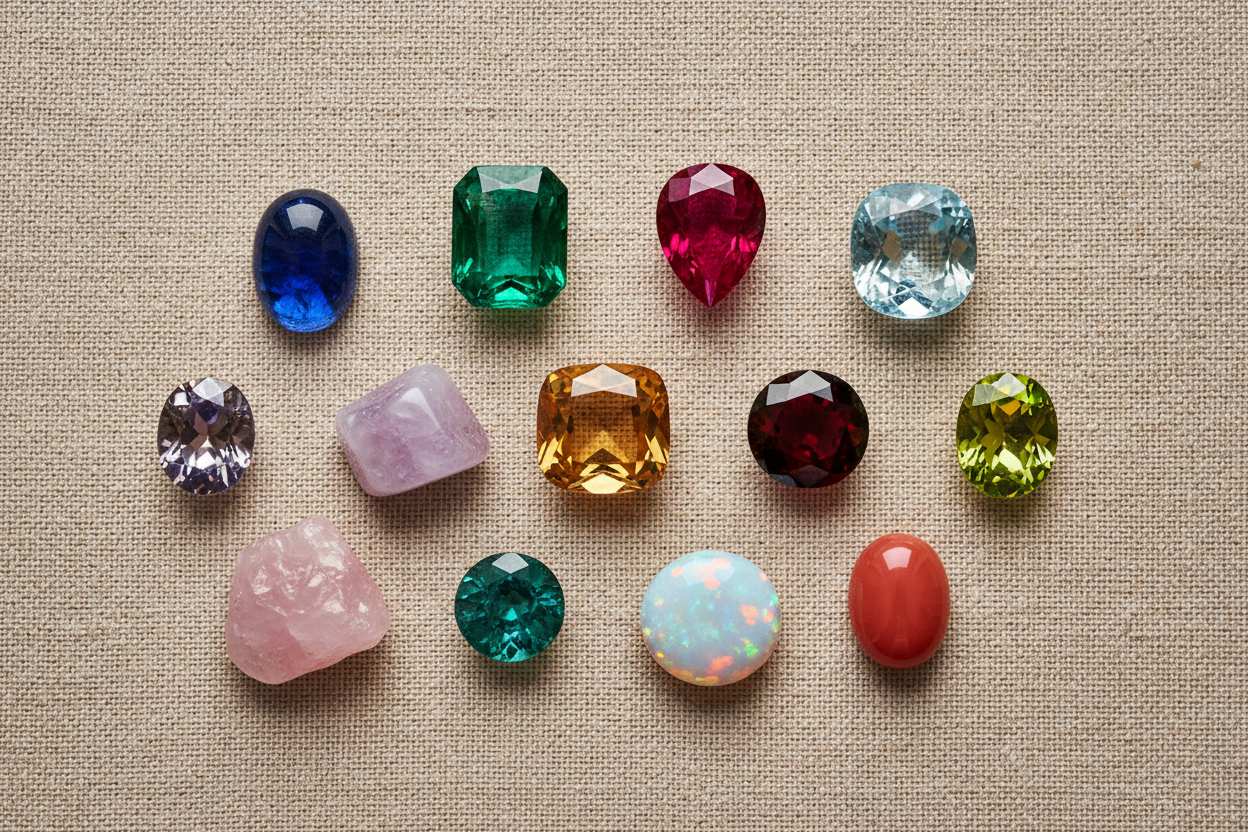 Overhead cluster of twelve colourful loose birthstones on warm linen, representing the complete guide to birthstones by month.