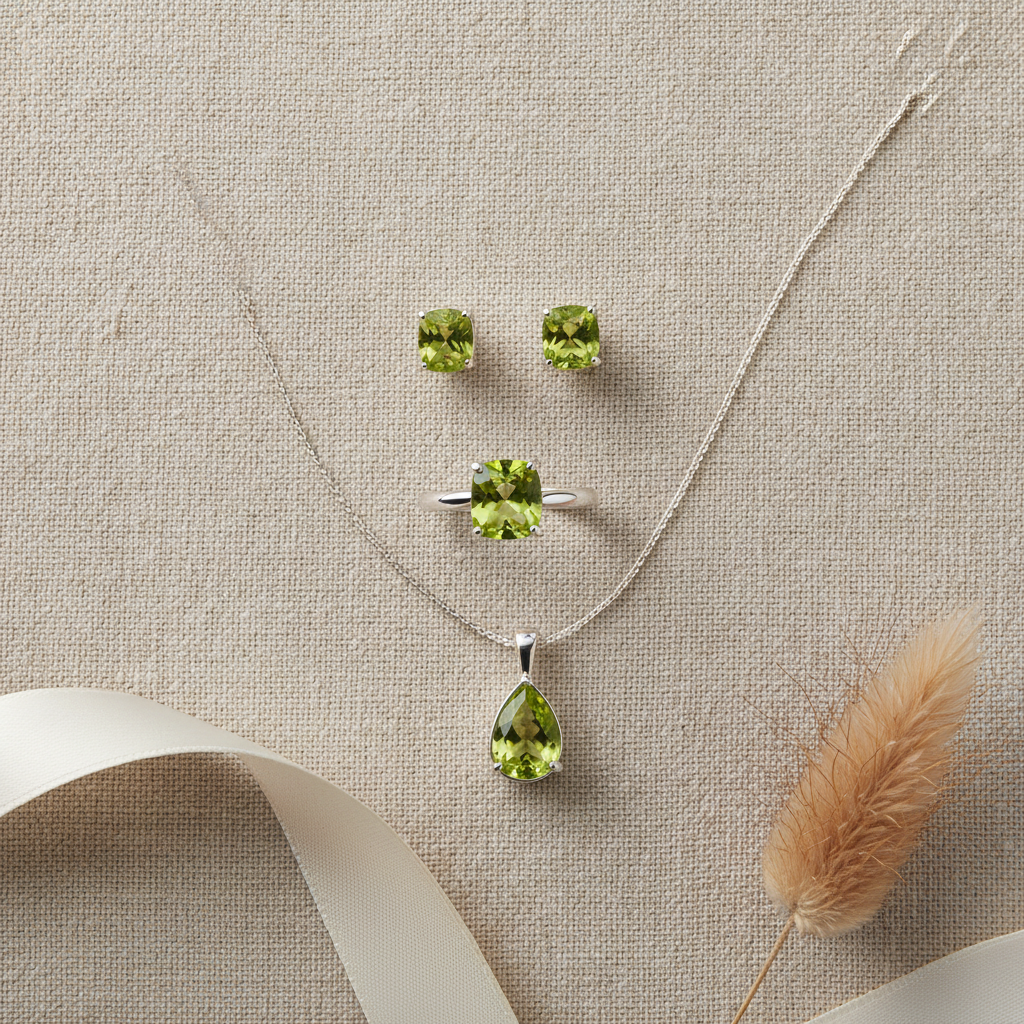 Flat-lay of sterling silver peridot ring, earrings and pendant with a ribbon on linen, styled as an August birthday gift guide.