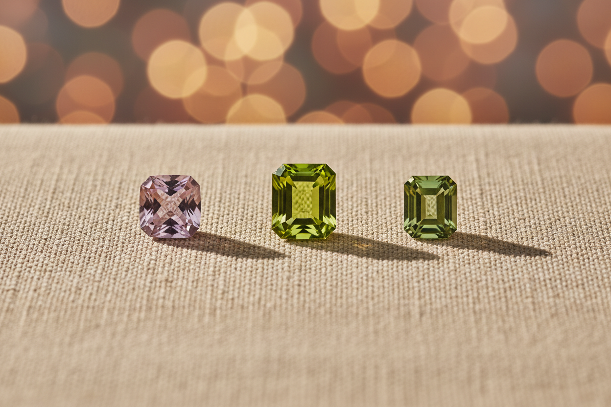 Bright green peridot centred between two softer alternative gemstones on warm linen, illustrating how to choose an August birthstone.