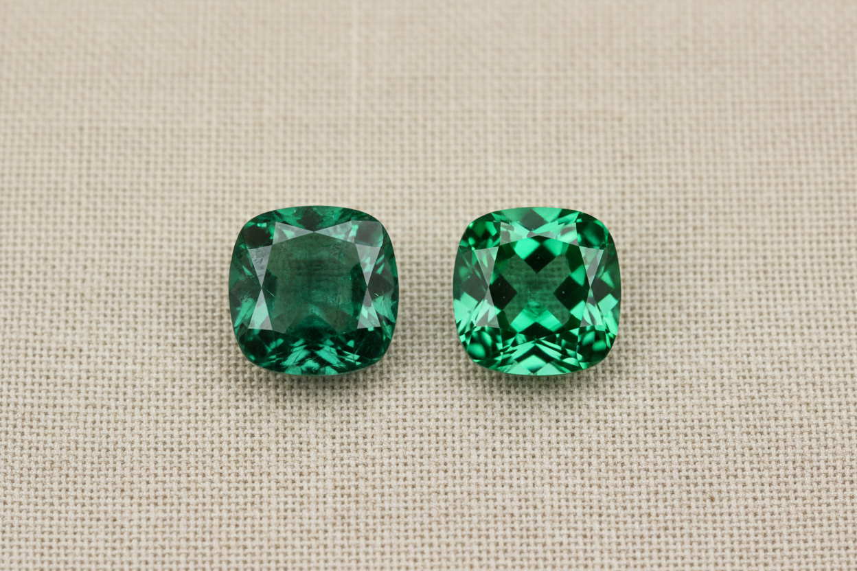 Natural emerald and Nano Emerald Stone simulant side by side on warm linen, illustrating how to choose between the two.