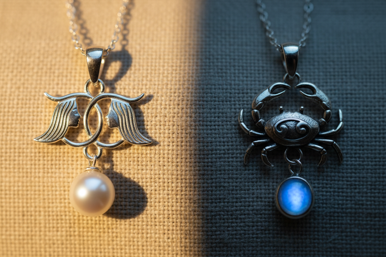 Two sterling silver pendants side by side in contrasting light, representing the Gemini and Cancer June zodiac birthstones.
