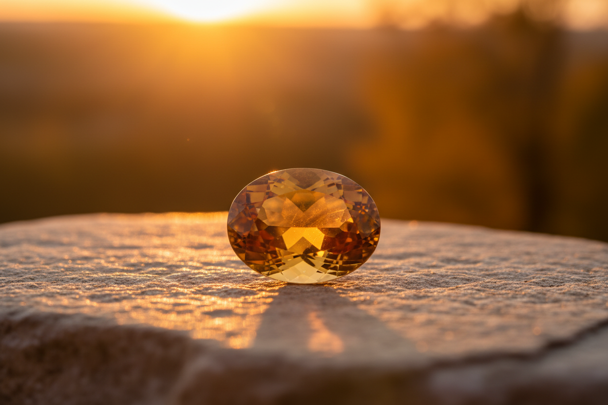 Single golden citrine glowing in warm amber light on a neutral surface, representing citrine as the November birthstone.