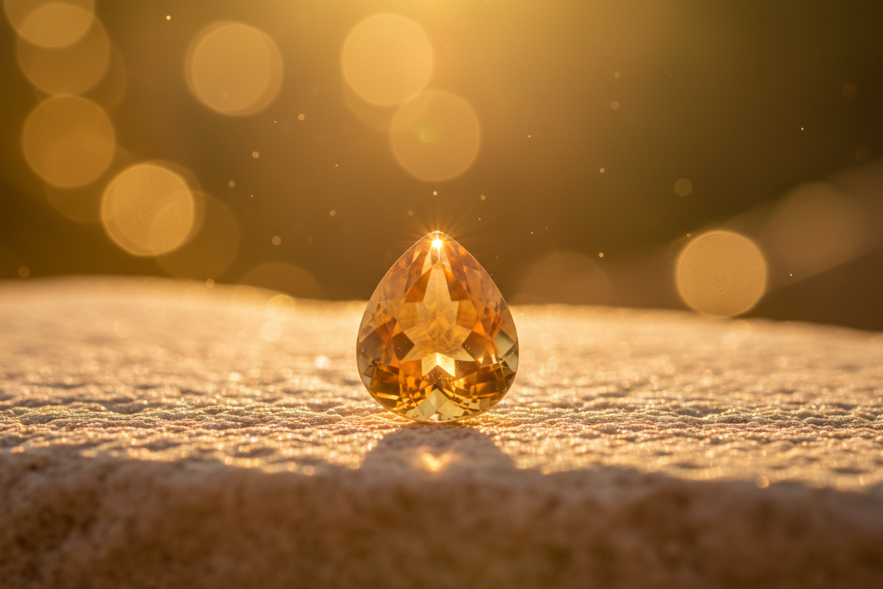  Single golden citrine glowing in warm sunlit light on a neutral surface, representing the meaning and symbolism of the sunshine stone.