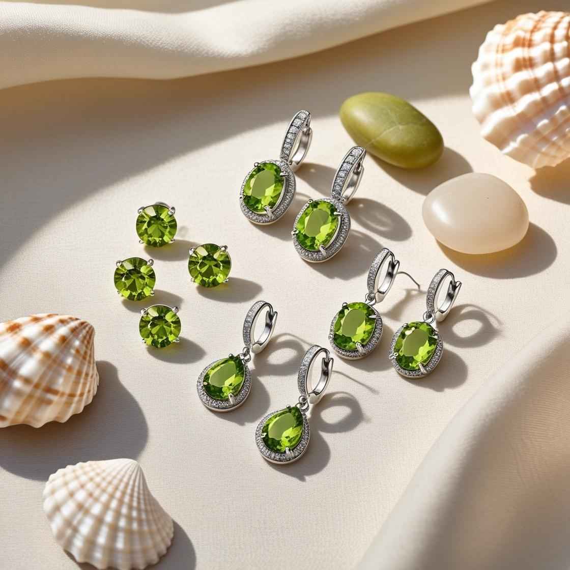 Assorted Peridot earrings including studs and drop styles in silver settings, displayed on a beige fabric background with seashells and polished stones, evoking a fresh August birthstone theme.