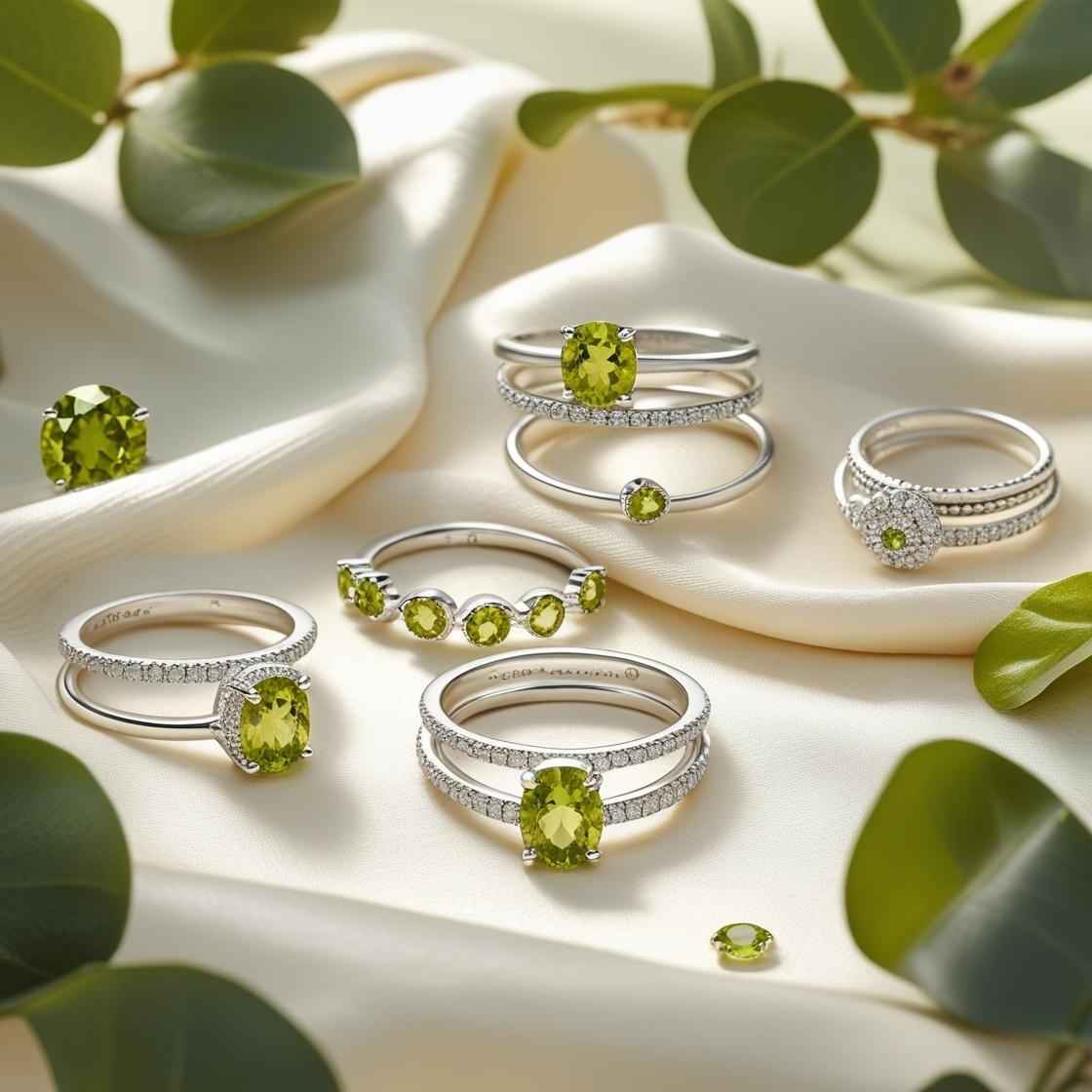 Peridot rings in solitaire, stackable, and zodiac styles set in silver and gold, arranged on soft beige fabric with green leaves and natural light.
