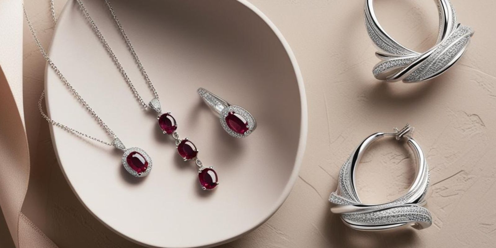 ruby neckalce earrings in silver representing ruby jewellery collection