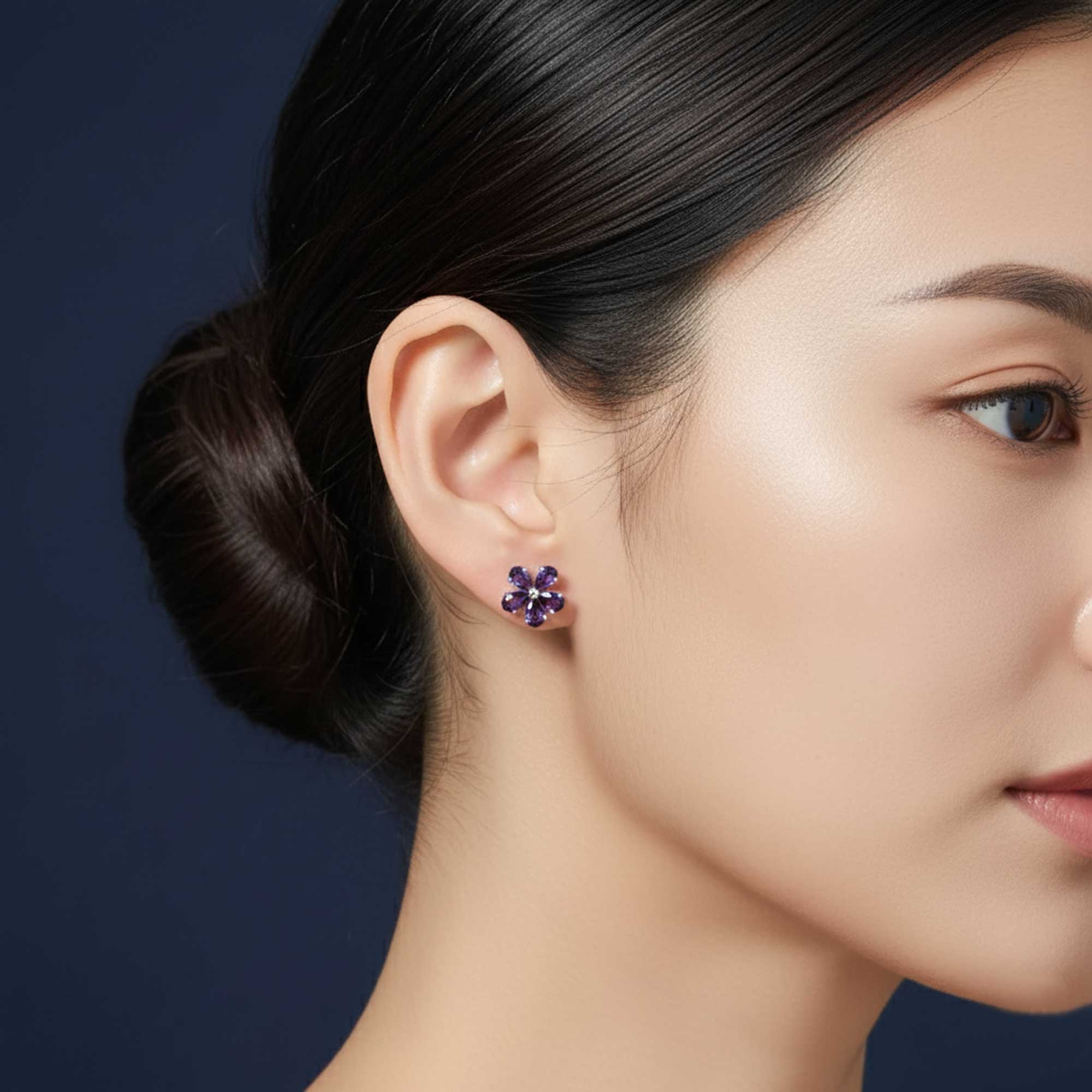 women wearing amethyst flower earrings
