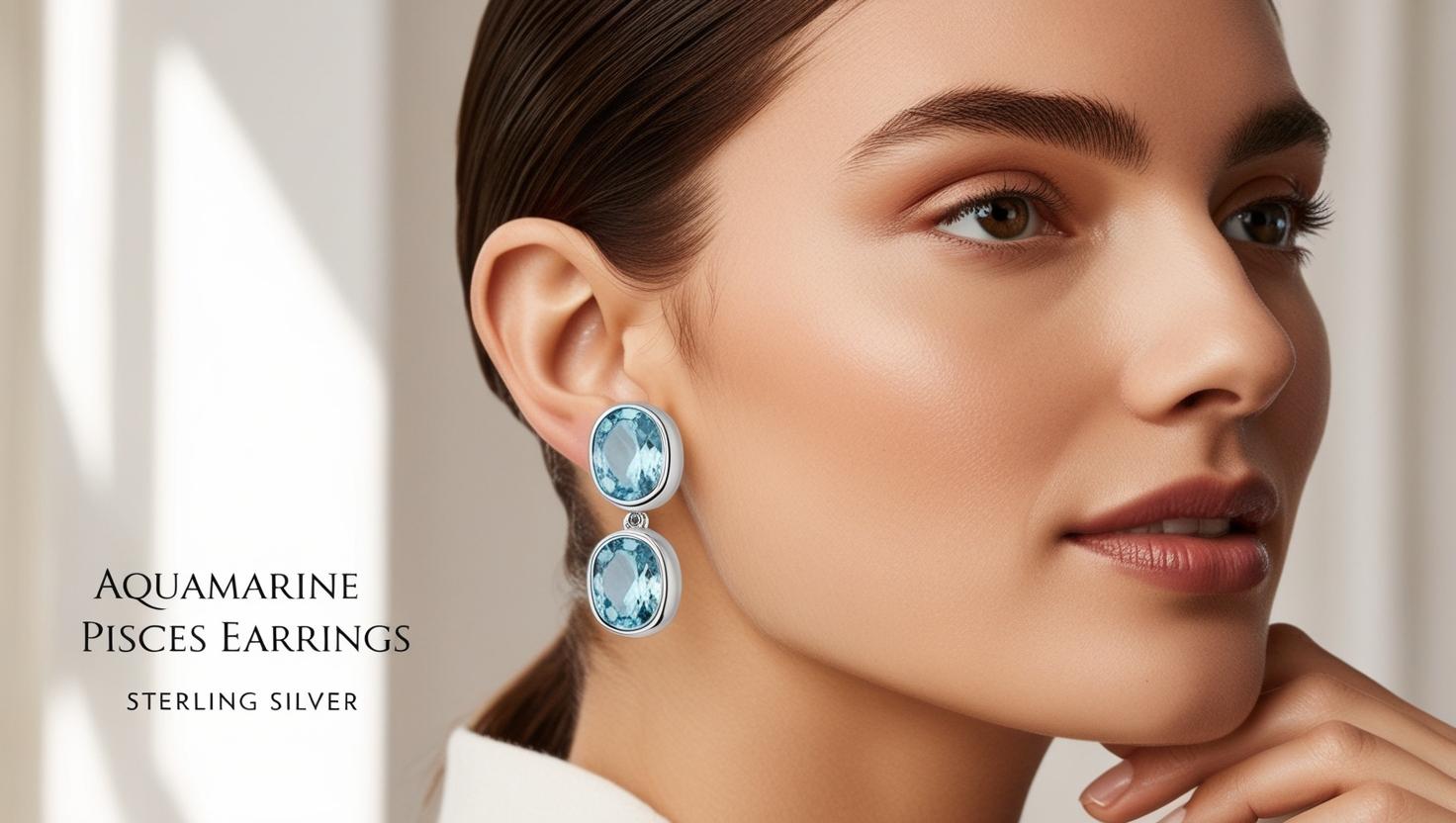 model wearing aquamarine pisces earrings