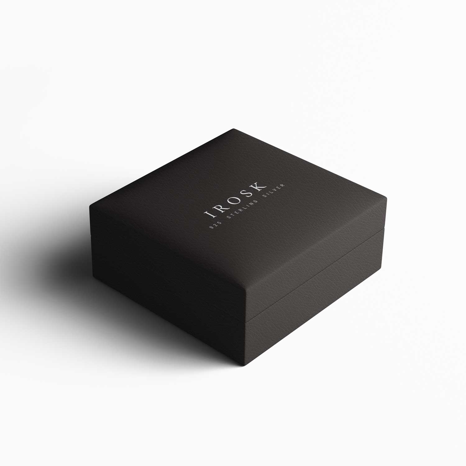 black irosk jewellery box at an angle with light background