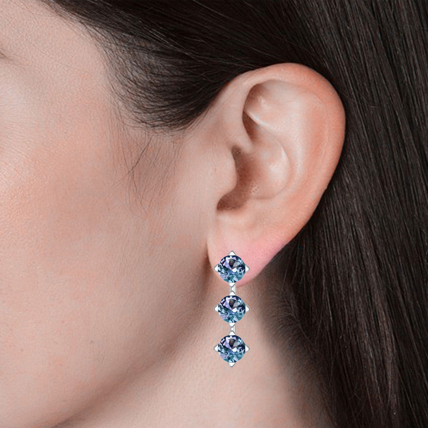Alexandrite 3-Stone Stud Earrings in Silver | Irosk®