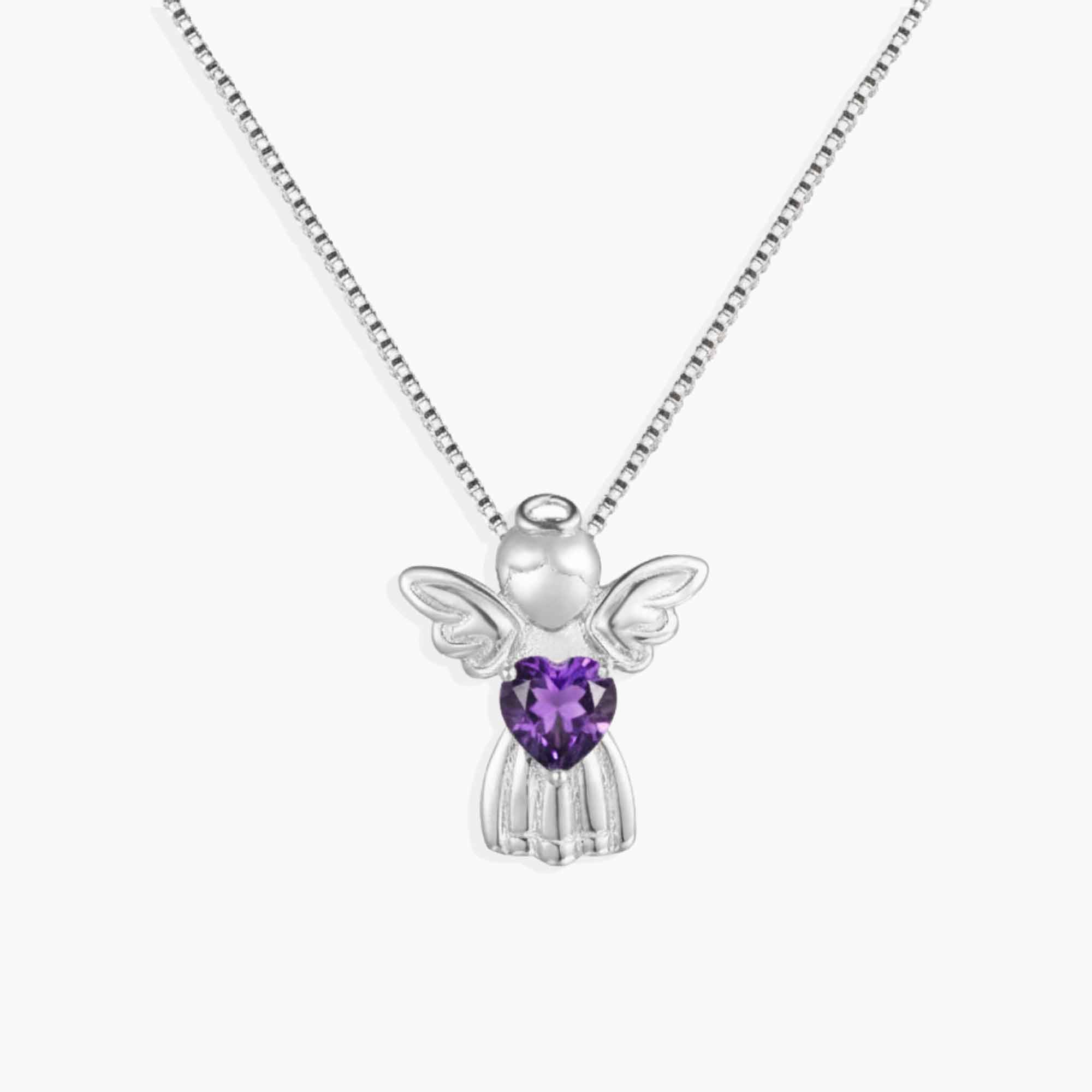 Silver angel pendant with a purple amethyst heart-shaped gem on a white background