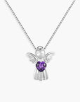 Silver angel pendant with a purple amethyst heart-shaped gem on a white background
