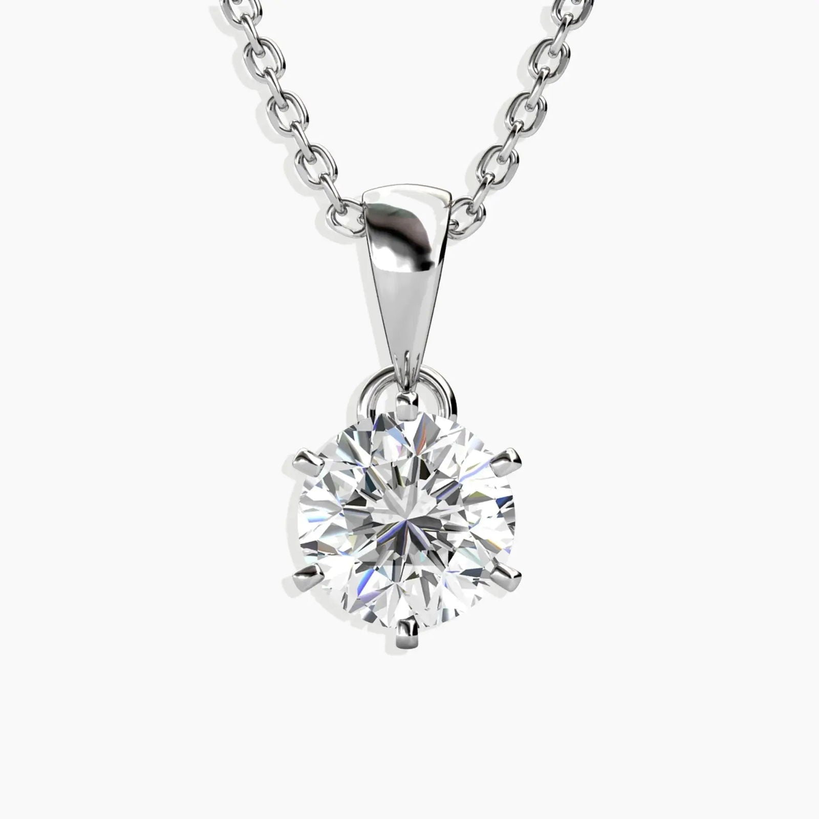 Front-facing angle of the Moissanite Solitaire Pendant, highlighting its six-prong setting and brilliant sparkle.