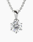 Front-facing angle of the Moissanite Solitaire Pendant, highlighting its six-prong setting and brilliant sparkle.