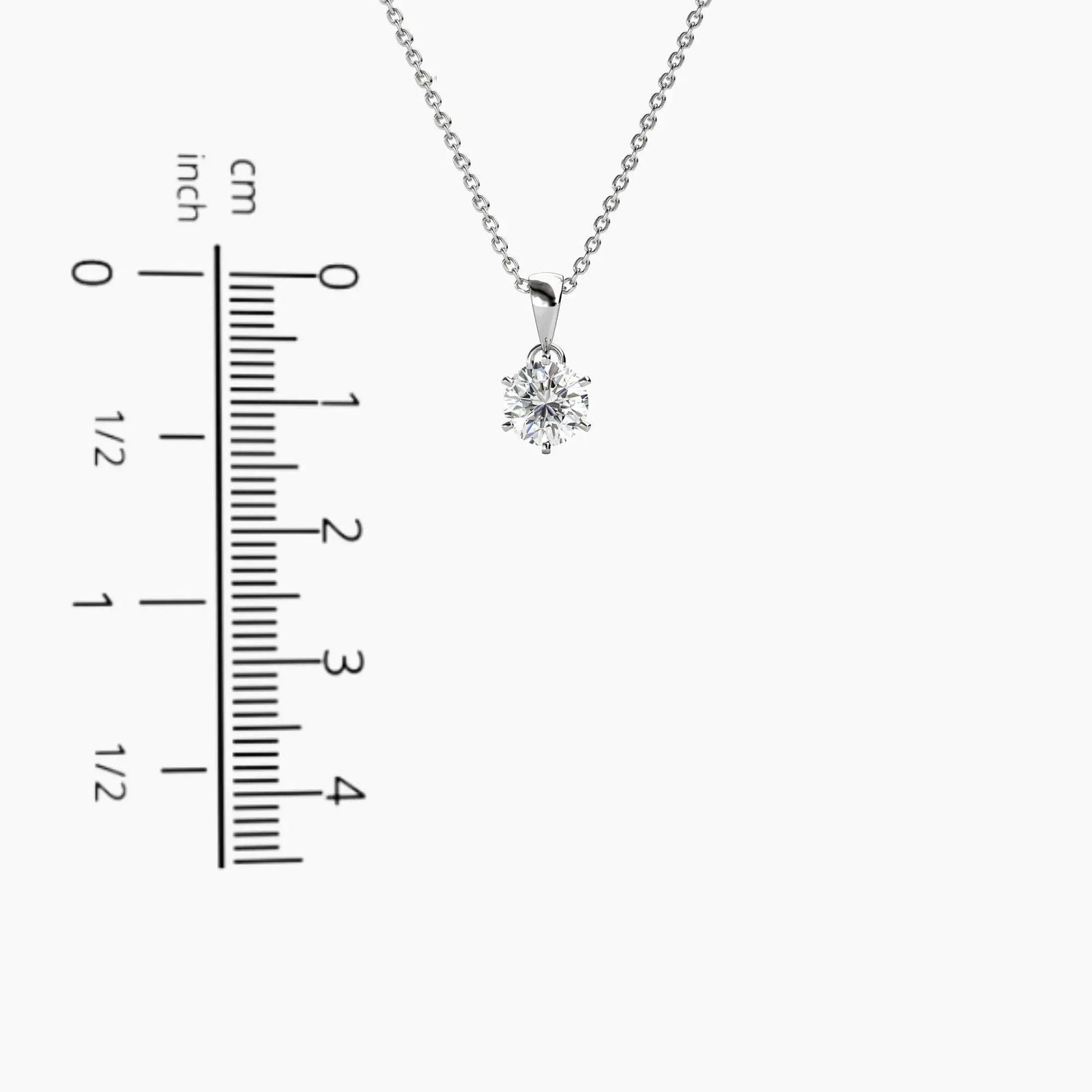 Measurement chart indicating the pendant’s 0.7 cm height and 0.7 cm width for the Moissanite Solitaire Necklace.