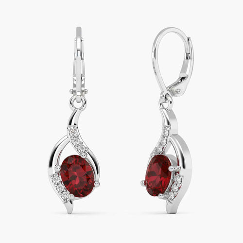 Ruby Oval Cut Dangling Leverback Earrings in Sterling Silver | Irosk