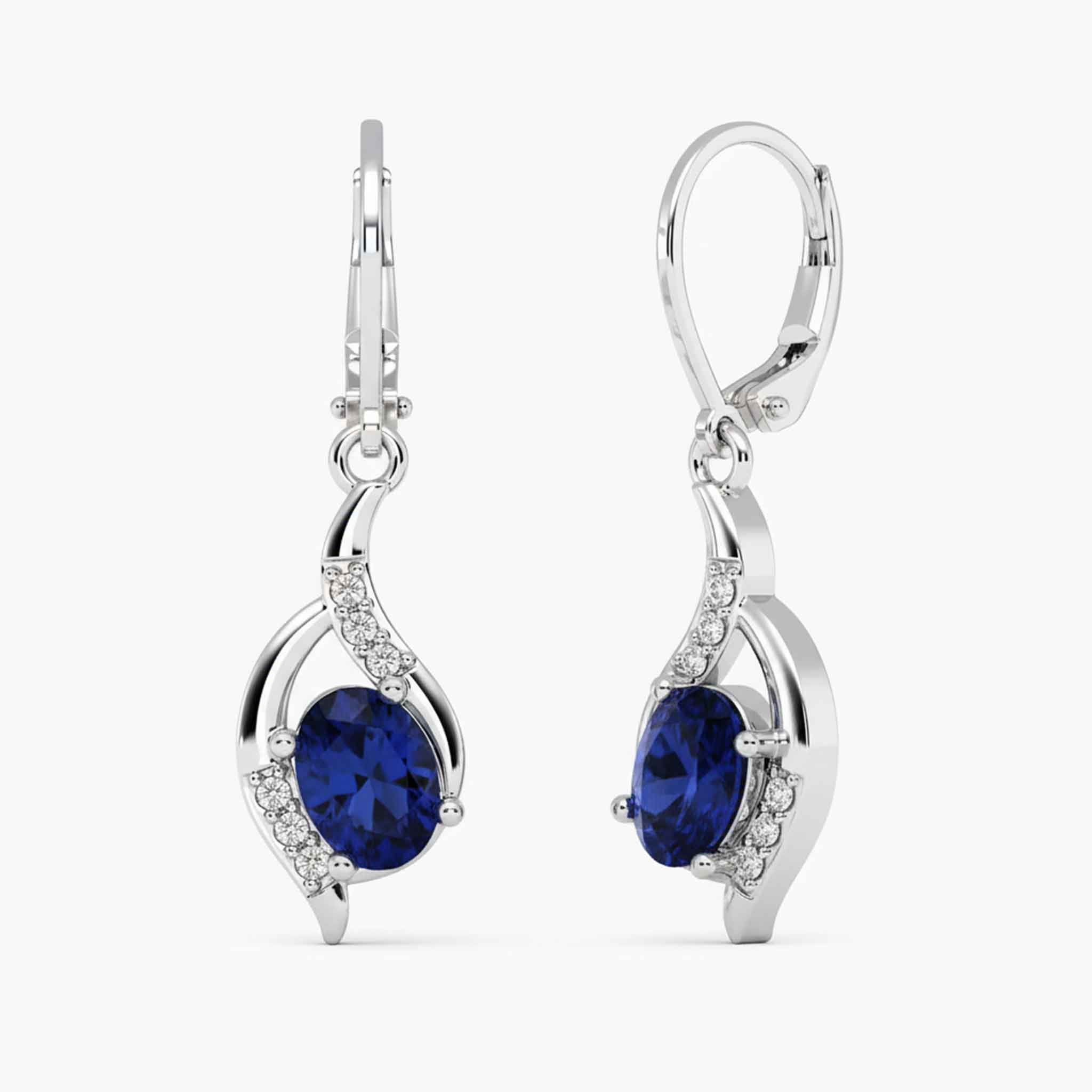Oval Shape Sapphire Dangling Leverback Earrings in 925 Sterling Silver