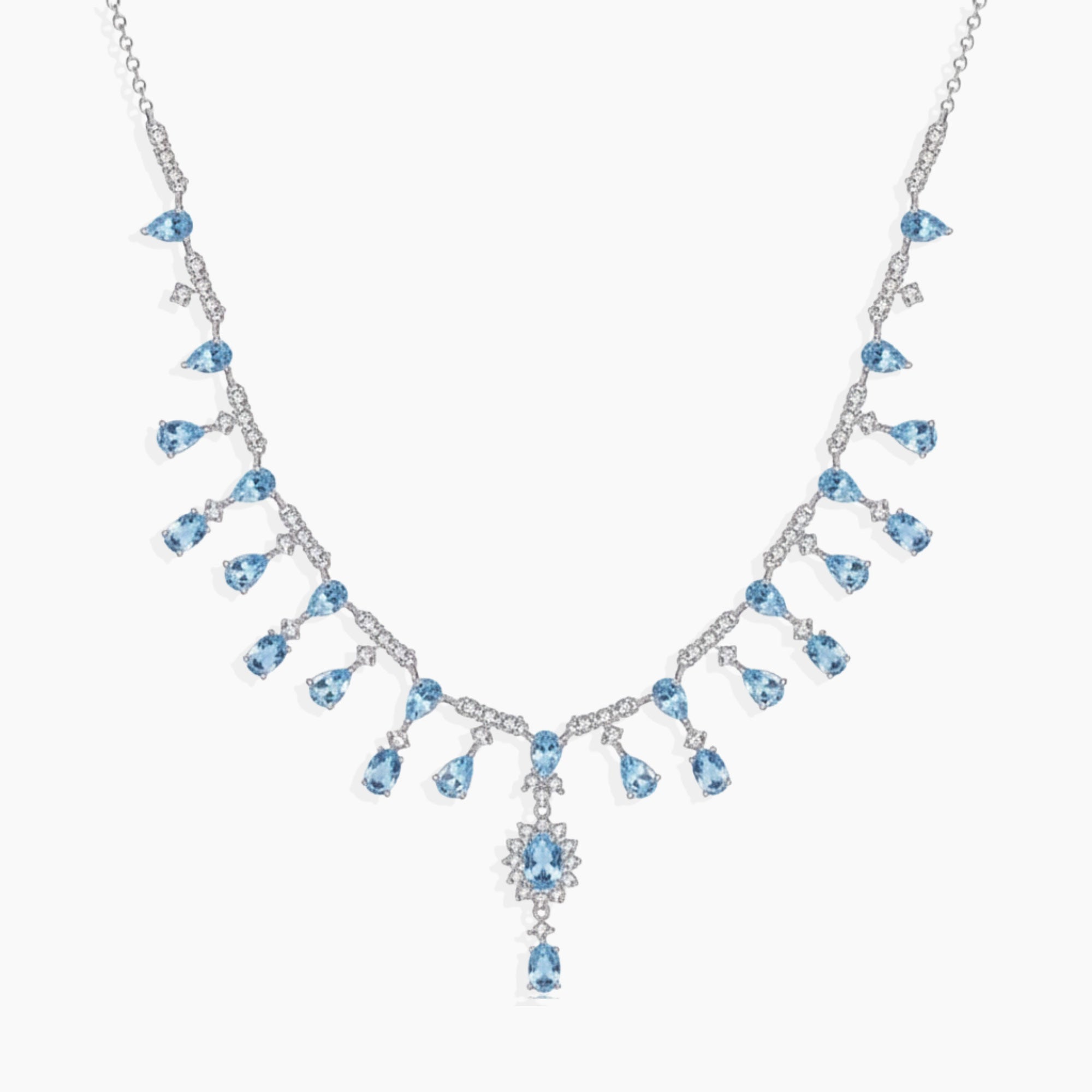 Necklace with blue teardrop-shaped stones on a white background