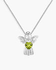 Silver angel pendant with a green heart-shaped gemstone on a white background