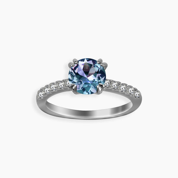 front view of alexandrite ring with halo on shank
