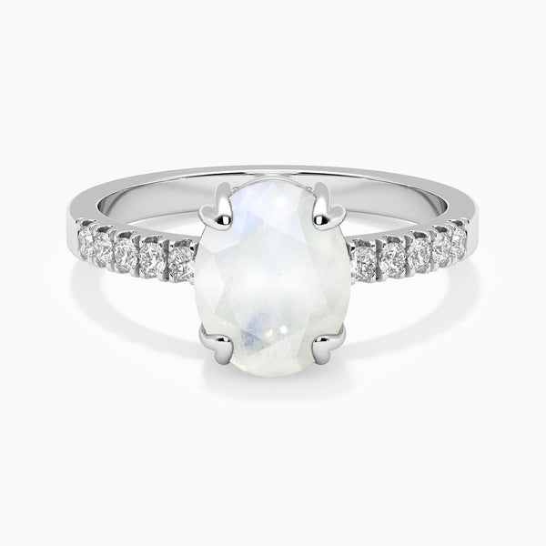 front view of silver moonstone oval ring