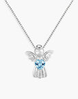 Silver angel pendant with a blue aquamarine gemstone on a white background