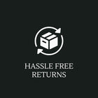 Logo with a box and arrows around it, accompanied by the text 'Hassle Free Returns' on a black background.