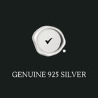 White circular stamp with a black check mark on a black background, accompanied by 'GENUINE 925 SILVER' text.