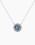 Round halo pendant necklace with colour-changing Alexandrite in sterling silver – June birthstone