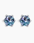 Front view of Alexandrite hexagon stud earrings with round-cut gemstone and rhodium-plated frame