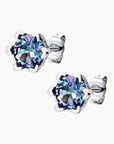 Side angle view of Alexandrite stud earrings in hexagonal bezel setting – elegant and modern